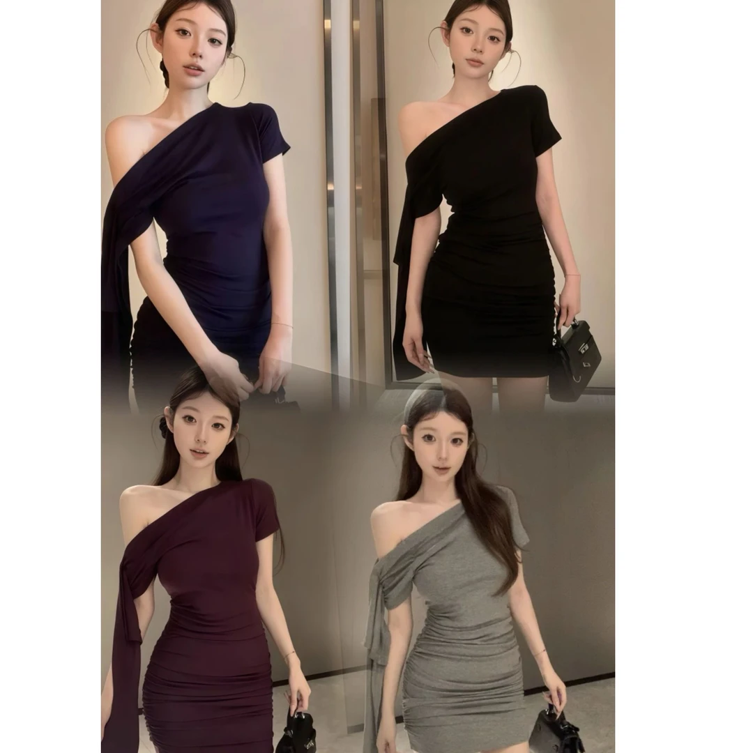【现货】斜肩紧身纯欲风修身显瘦包臀连衣裙子女款爆款2025新款夏季