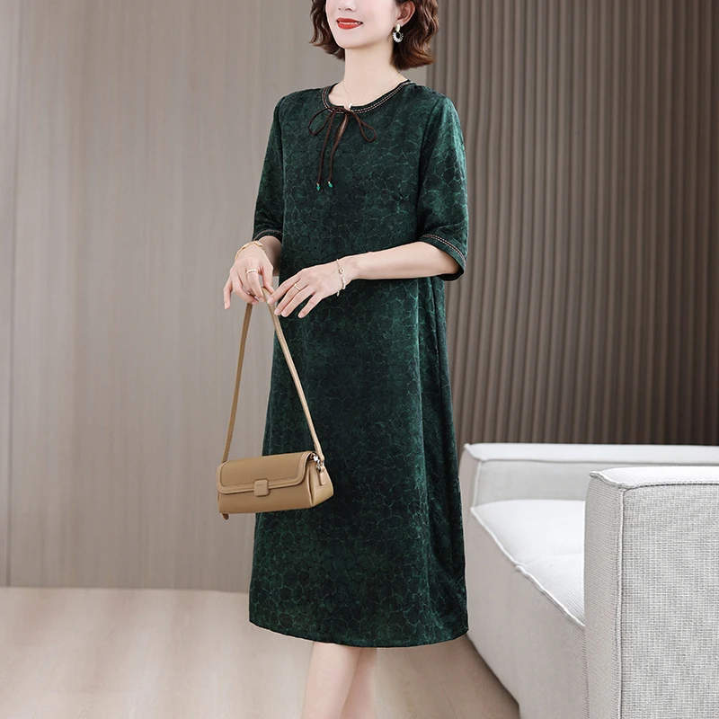 夏季印花连衣裙时尚花色冰丝旗袍裙子中年大码妈妈显瘦连衣裙气质