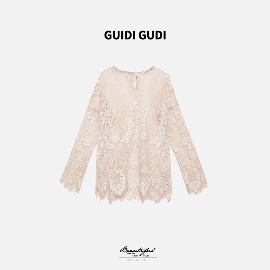 GUIDI GUDI【雨一直下】黄加蓝重工蕾丝女人味长袖T恤