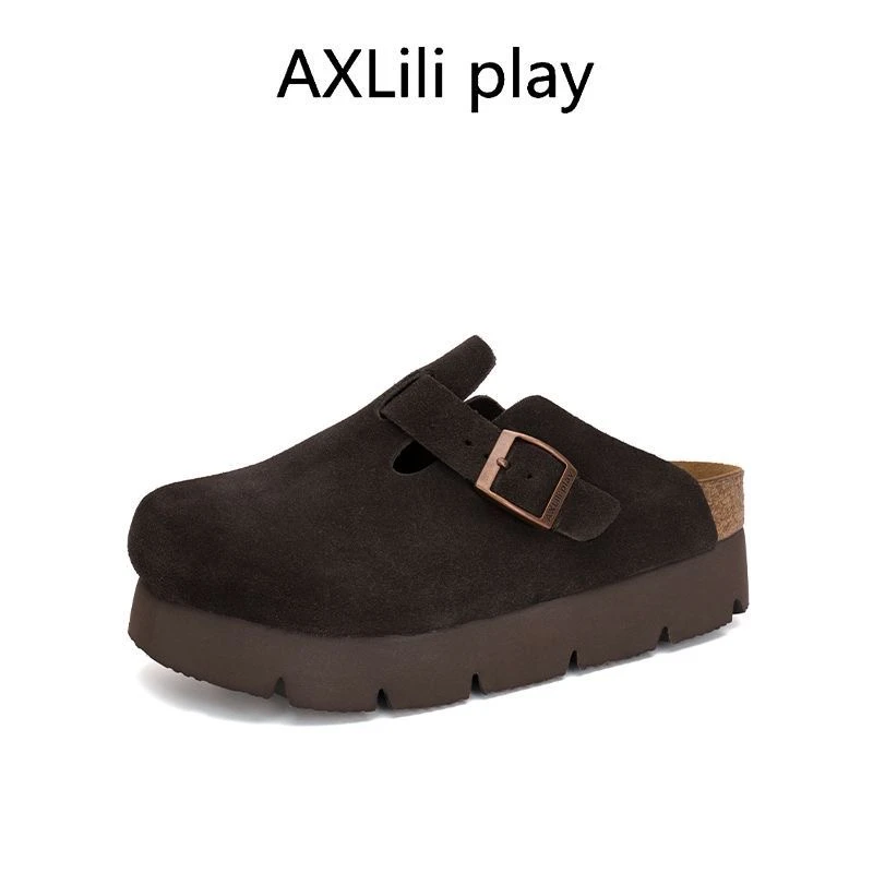 新款AXILILIPLAY软木勃肯半拖女鞋厚底反绒时尚潮流男女通用咖色