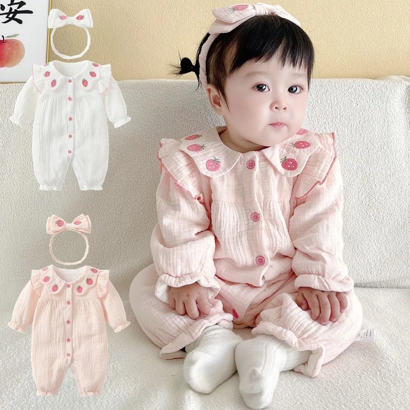 【小灿家】草莓纱布双层连体 春秋薄款女宝公主百天外出哈衣爬服