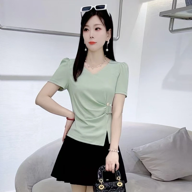 设计感时尚短袖t恤女2025年夏季新款洋气收腰显瘦百搭不规则上衣