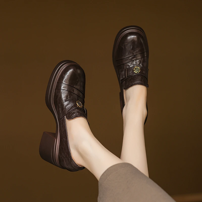 7cm厚底粗跟轻便舒适气质高跟乐福小皮鞋女英伦风真皮春秋单鞋