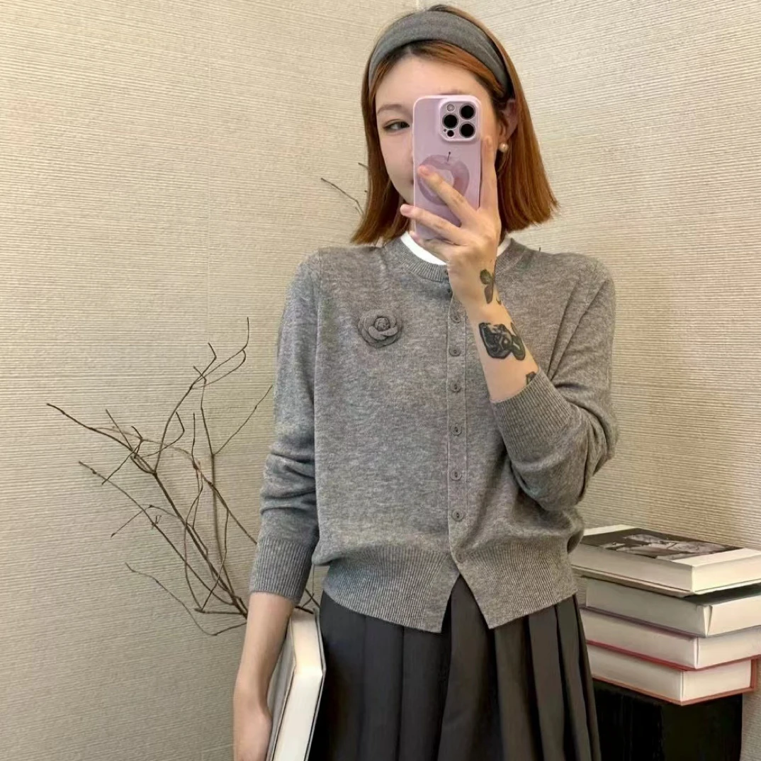 2025秋新款小香风假两件长袖薄款针织衫圆领气质甜美针织长袖上衣