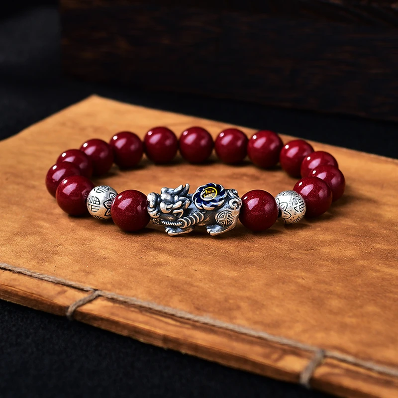 含辰砂工艺品Z10 足银景泰蓝珐琅貔貅朱砂手链紫金砂福珠