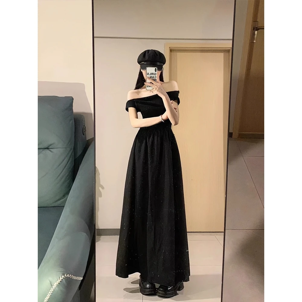 黑色一字肩气质大裙摆连衣裙2025夏季新款连衣裙海边连衣裙高级感