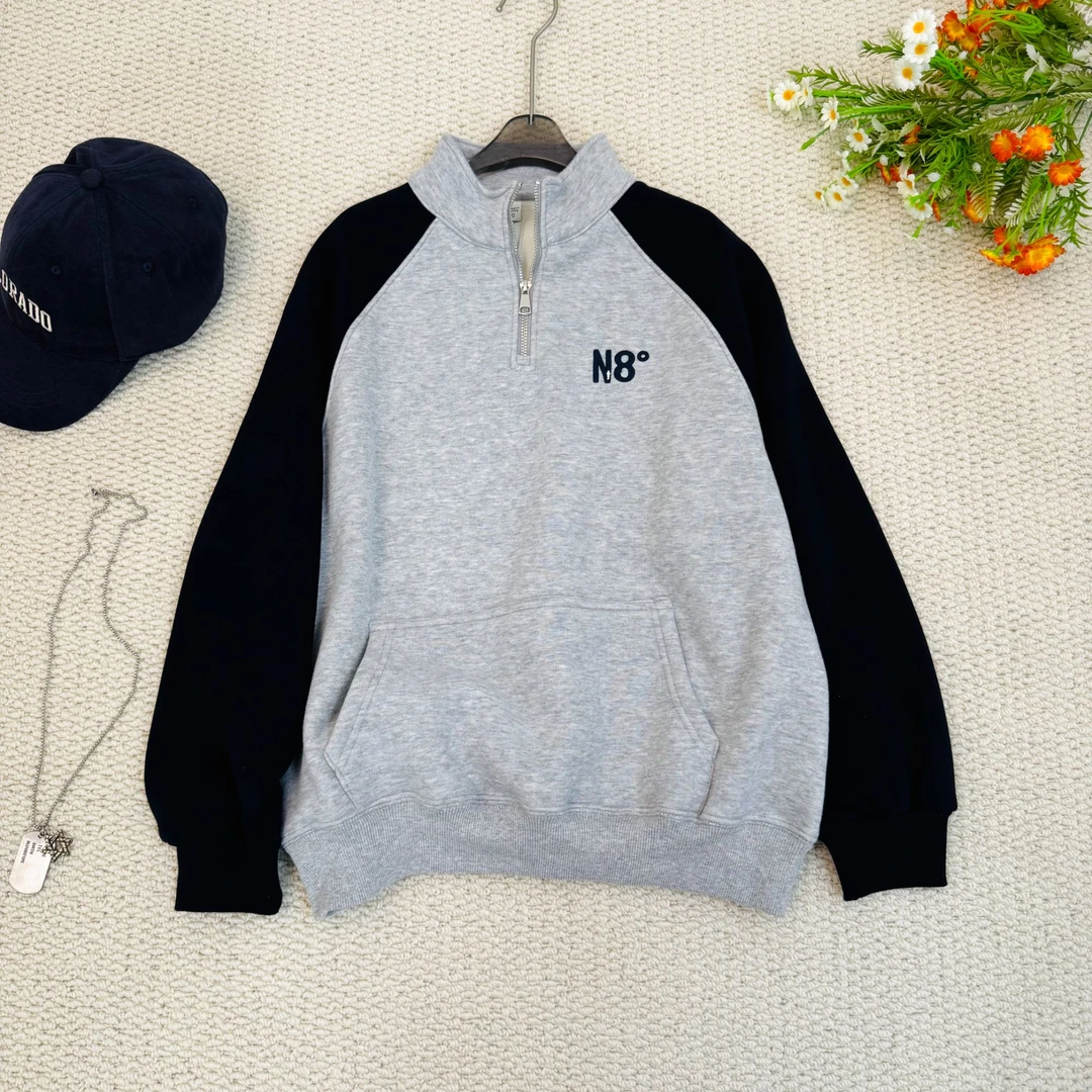 灰色拼接立领N8加绒卫衣1028