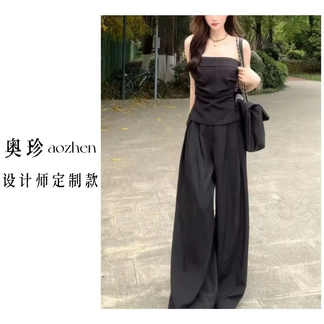 【春日枝子】黑色两件套春夏抹胸休闲阔腿高腰休闲裤无袖时尚套装