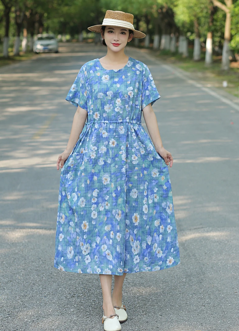夏季短袖碎花夏季女士防晒连衣裙旗袍连衣裙中长款大码显瘦气质