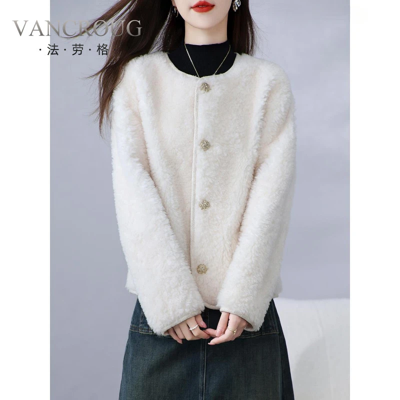 法劳格海宁颗粒绒皮草外套女短款羊剪绒圆领小香风简约小个子羊毛