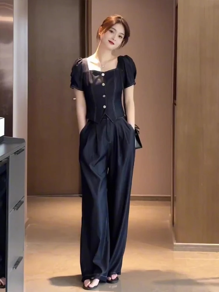 0733薄款短袖上衣阔腿休闲裤牛仔套装女2025夏新款