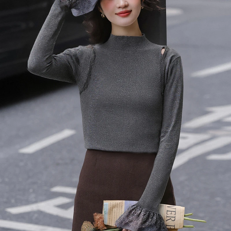 半高领镂空漏肩蕾丝拼接针织衫女毛衣2025新款内搭打底衫女L1026B