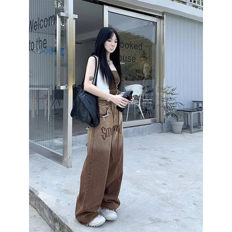 【4336】【低价清仓】美式复古毛边设计感直筒牛仔裤女拖地棕色阔腿裤