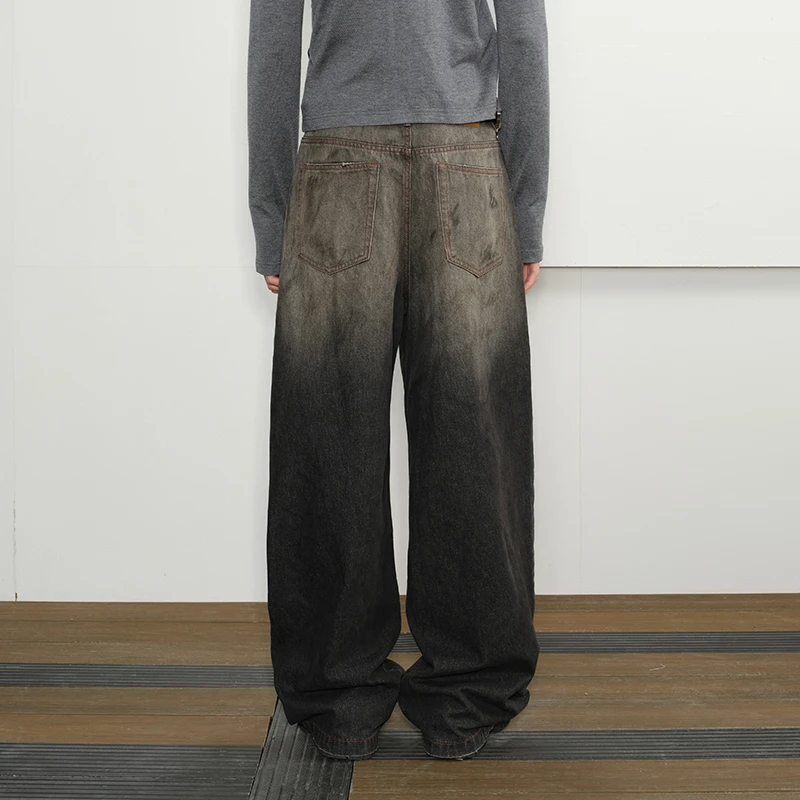 KREATE「水墨」做旧泼墨锈色baggy宽松牛仔长裤水洗直筒阔腿裤男