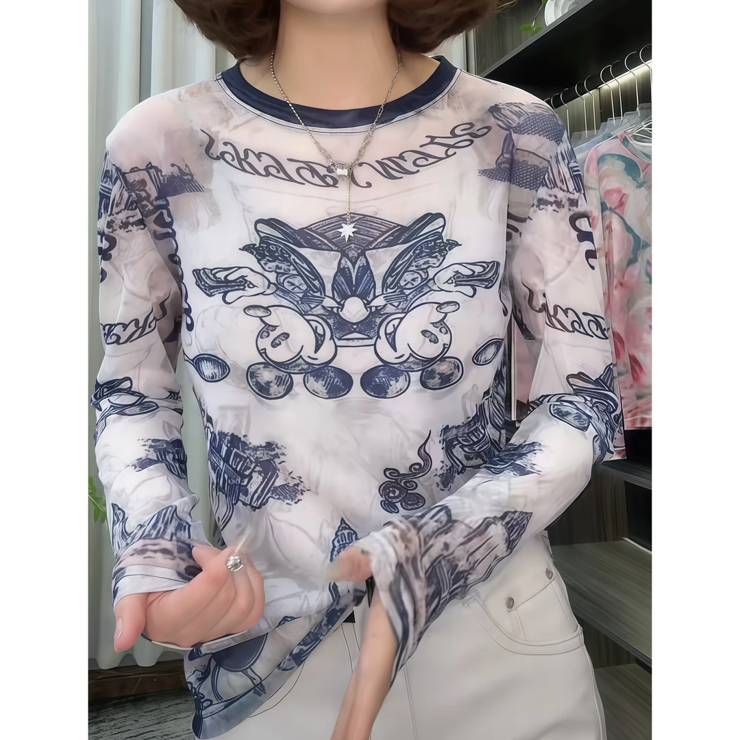 欧货2025夏季新款时尚圆领卡通米奇涂鸦印花网纱长袖T恤女上衣潮
