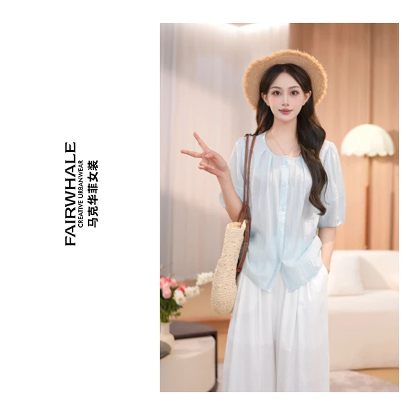 马克华菲女装夏季法式时尚蓝色镂空衬衫女设计感 F52004A813 qq