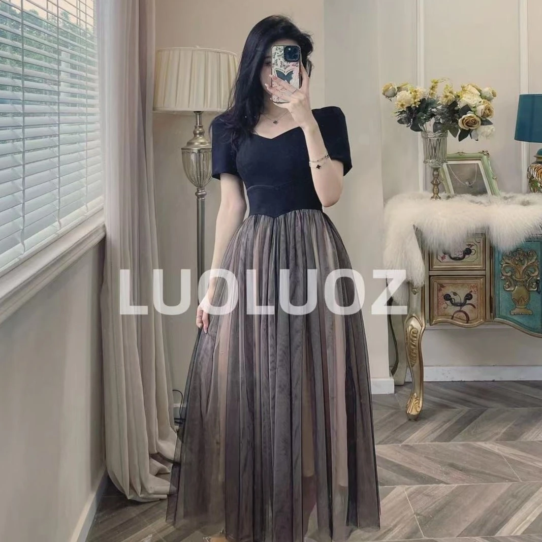 【现货】LUOLUOZ【赫本恋人】法式弹力拼透仙女纱短袖连衣裙Q799