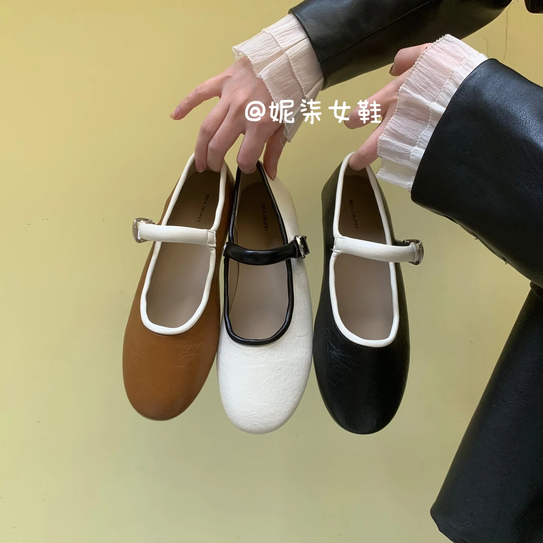 韩版玛丽珍鞋圆头拼色平底单鞋复古温柔百搭软底春季豆豆鞋奶奶鞋