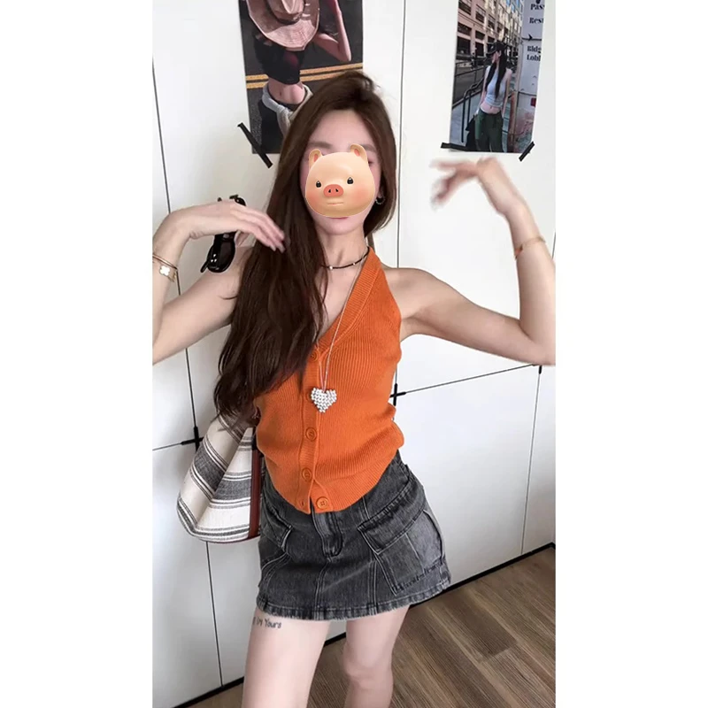 多巴胺穿搭橘色V领冰丝针织吊带背心女夏季外穿修身修身无袖上衣