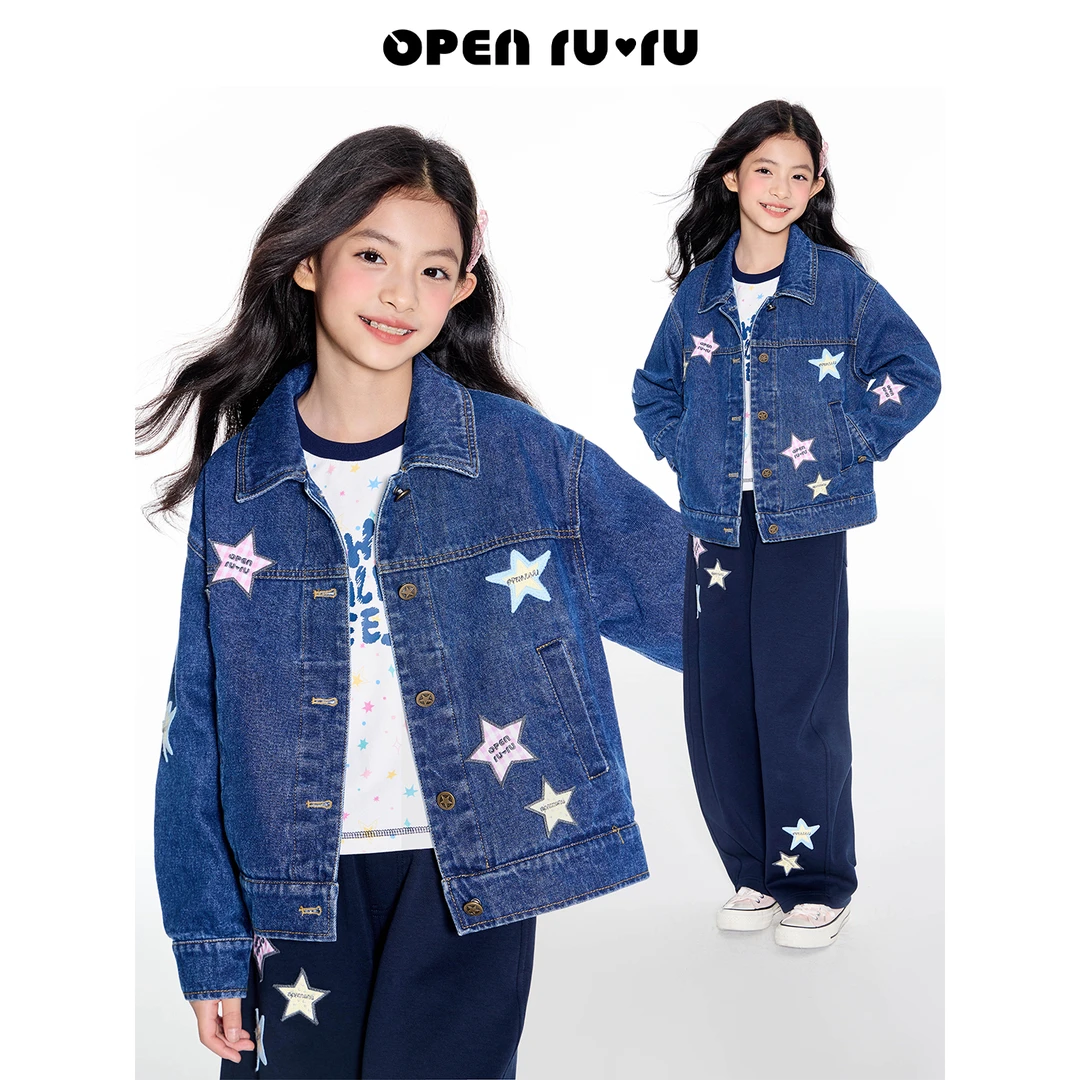 Opennunu女童立体星星标水复古牛仔外套秋季早秋中大童夹克上衣