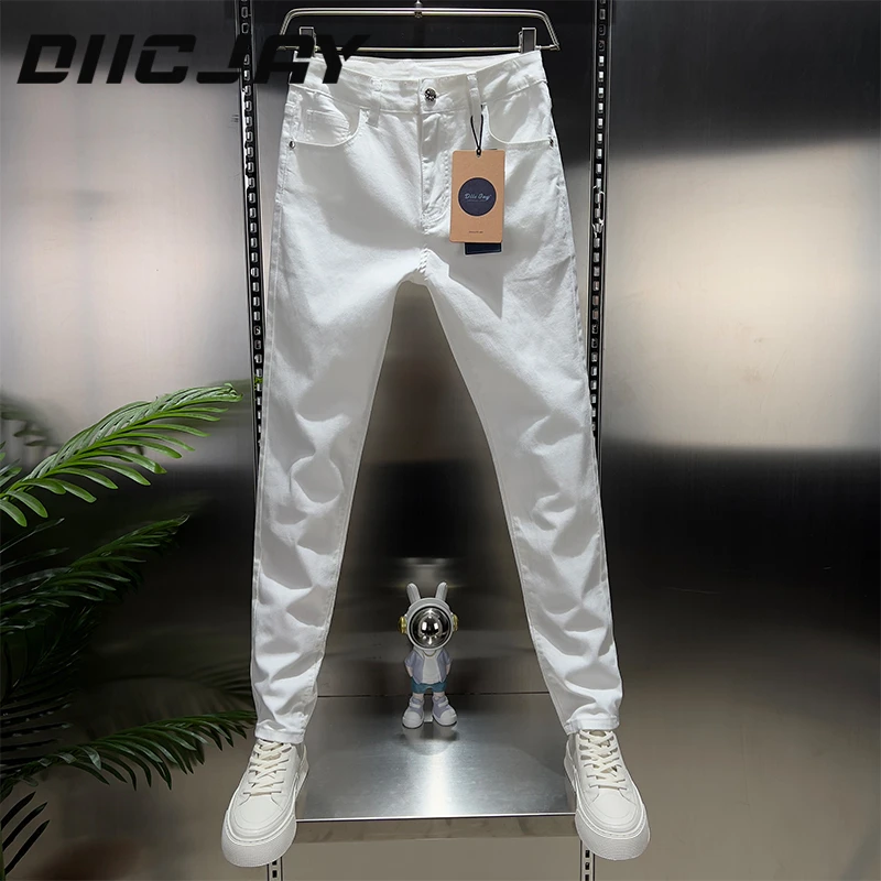 DIIC JAY/狄杰夏季薄款男士白色休闲裤轻奢商务百搭修身牛仔长裤