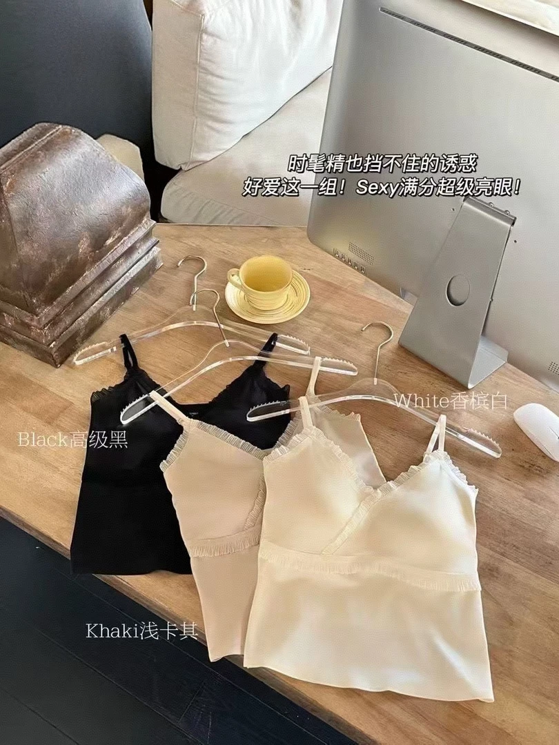 【国风轻奢吊带】新款蕾丝边拼接轻奢绸缎无痕吊带国风聚拢V领