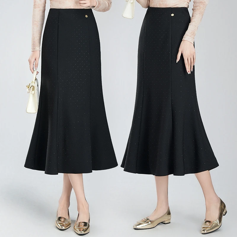 2025新款法式黑色钉珠鱼尾裙百搭高腰圆点不褪色半裙黑色中长款