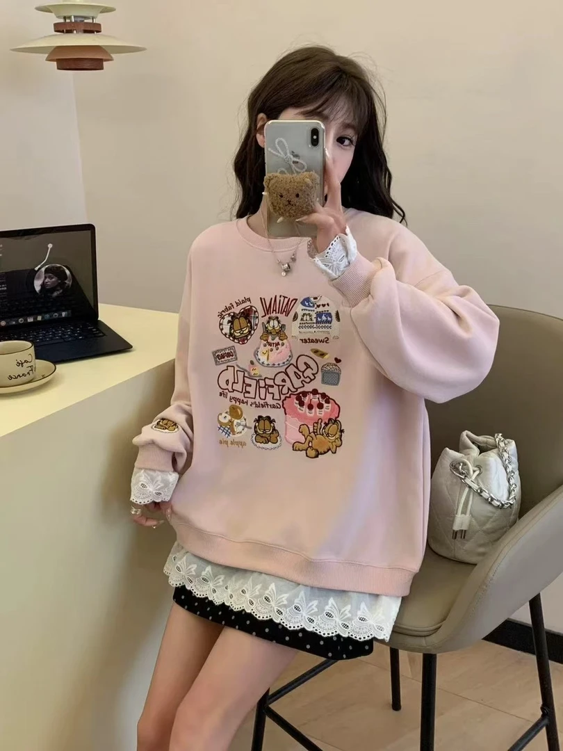 新款加菲猫女生圆领假两件重工刺绣卫衣韩版时尚洋气休闲装百搭