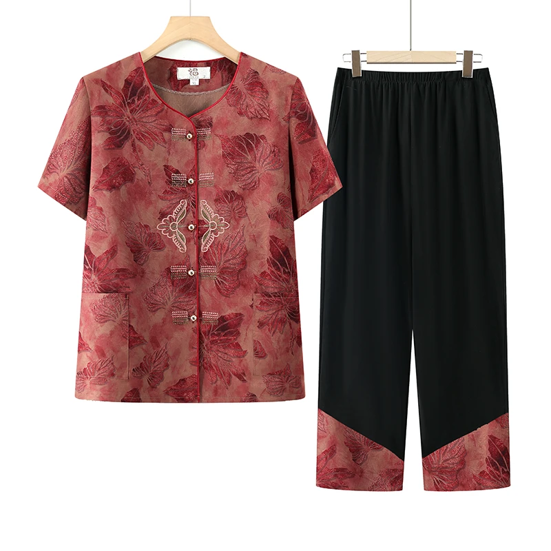 9381 妈妈装夏款短袖洋气套装中老年奶奶开衫气质宽松夏季套装