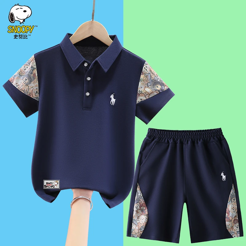史努比男童夏季套装洋气2025新款中大童短袖t恤儿童短裤两件套潮