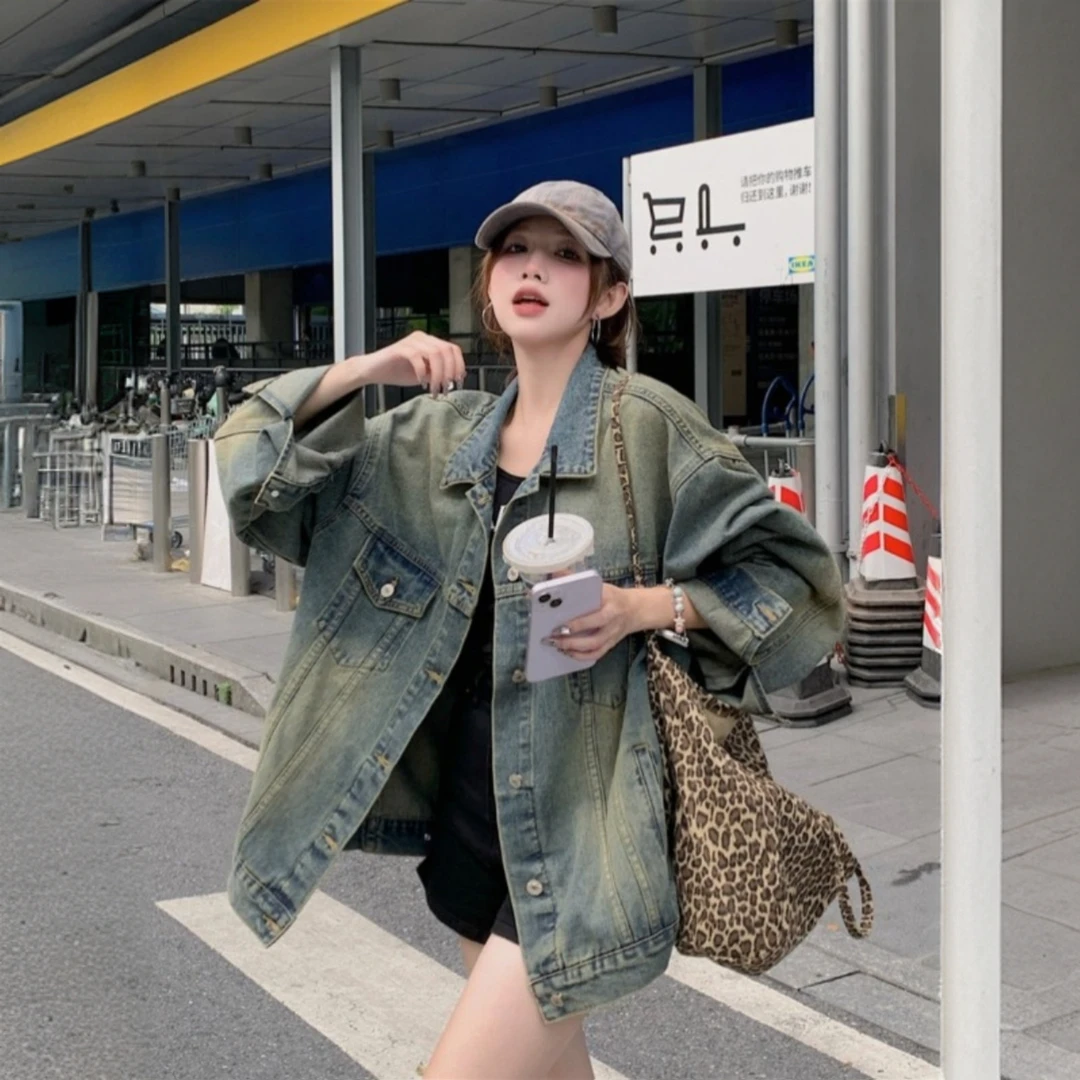 做旧水洗复古美式牛仔外套女春季2025新款高街宽松休闲百搭上衣潮