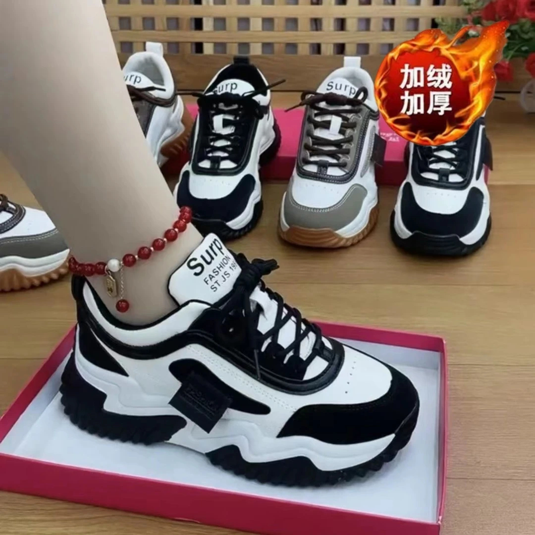 【厂家直销】厚底增高加绒老爹鞋女2025秋冬季拼接设计厚底运动鞋