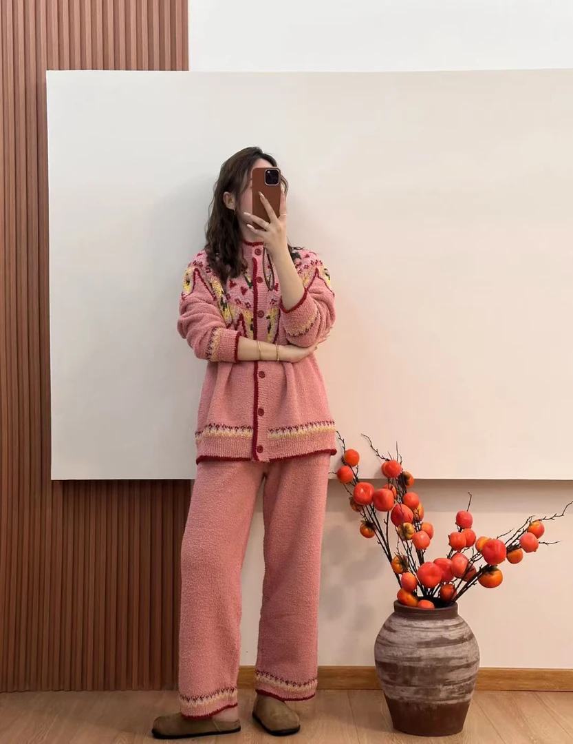 秋冬季复古半边绒女士费尔岛风格可外穿针织睡衣套装