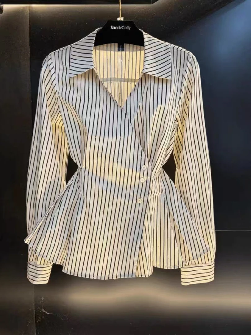 春秋新款法式设计感Polo领条纹长袖衬衫早秋气质收腰高级感衬衫