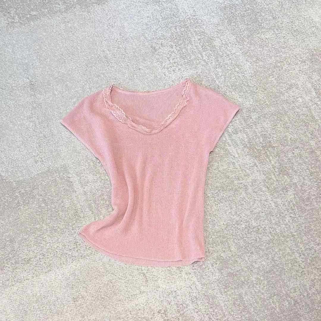 【陈陈私服】洋气减龄显白粉色上衣法式蕾丝v领短袖针织衫25042107