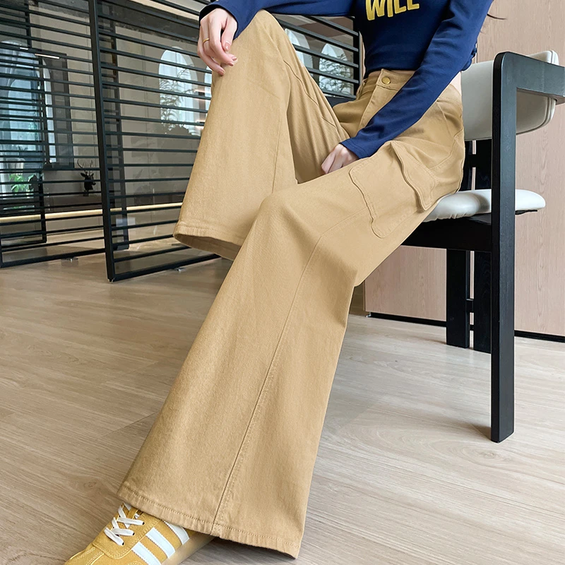 卡其色工装微喇叭牛仔裤女2025秋季多口袋弹力超火老钱风休闲裤子