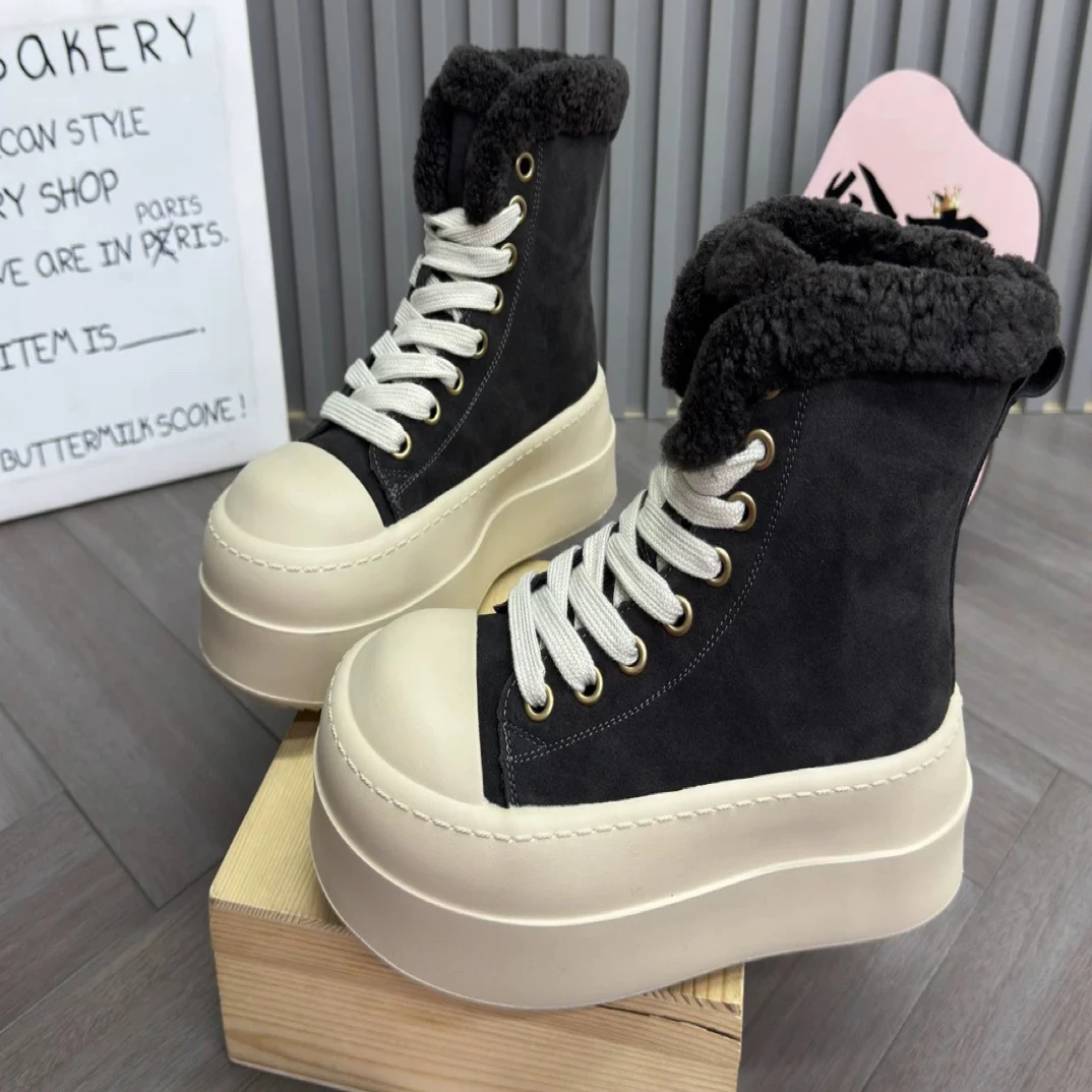 反毛皮贝壳头系带后底松糕休闲鞋板鞋小白鞋高帮鞋加绒大头女鞋