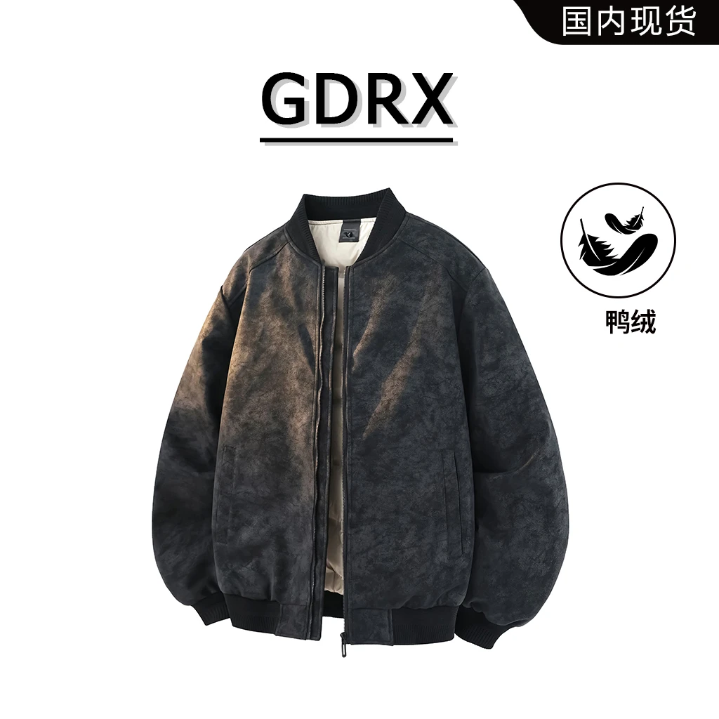 GDRX美式扎染棒球领鸭绒羽绒服男2025秋冬新款保暖防寒皮衣外套