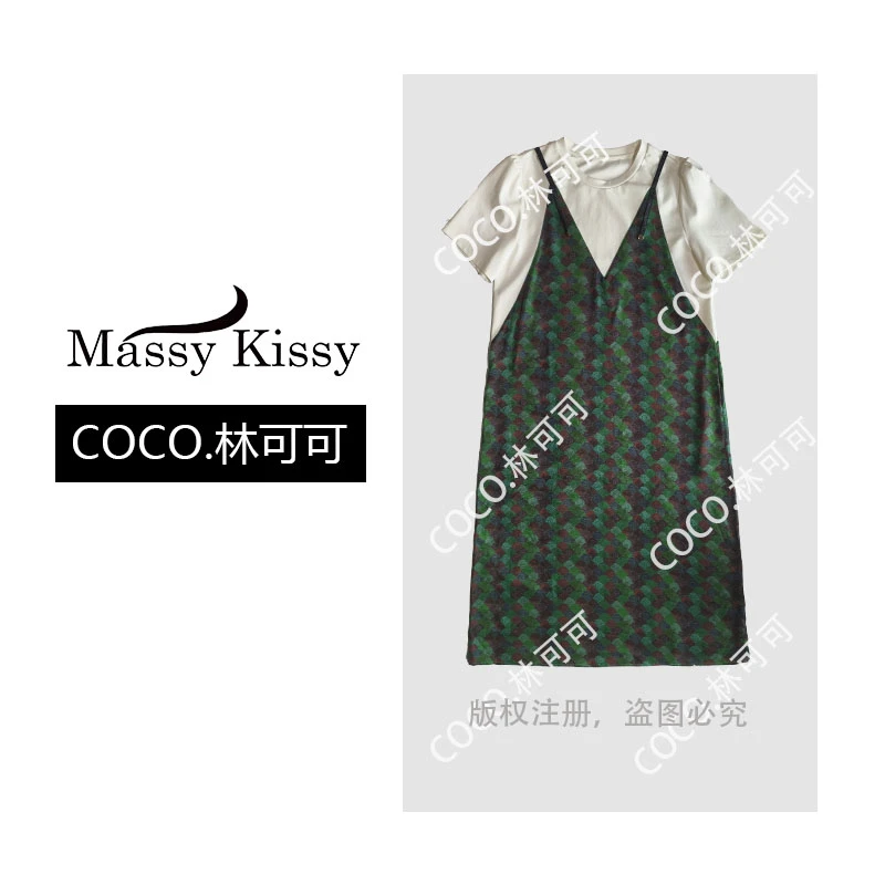 【COCO林可可】青云绿色印花夏季薄款拼接撞色连衣裙显瘦气质连衣裙