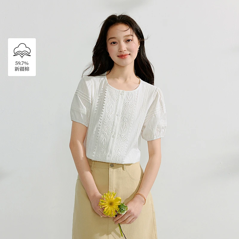 【一秒入夏】茵曼夏季法式刺绣花边白色衬衣浪漫宽松短袖气质上衣