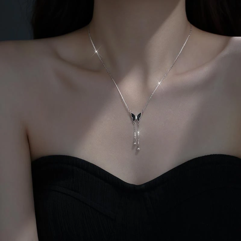 Catia Seli 链子925银 ins甜酷黑色蝴蝶流苏项链女轻奢气质锁骨链