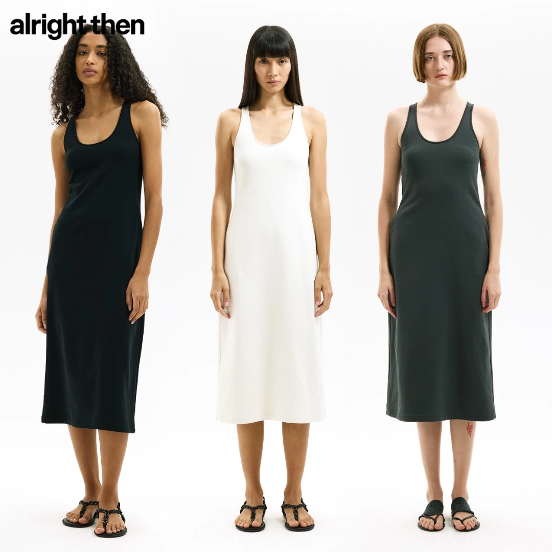 alright then三色基础纯棉U型领弹性收腰显瘦百搭背心口袋连衣裙