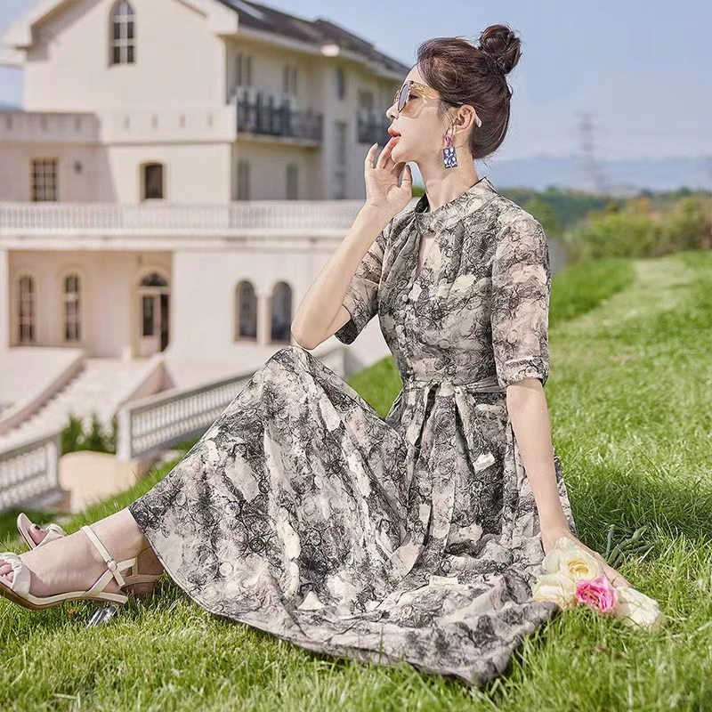 MLF012（精工定制）高端奢华云丝绉五分袖连衣裙