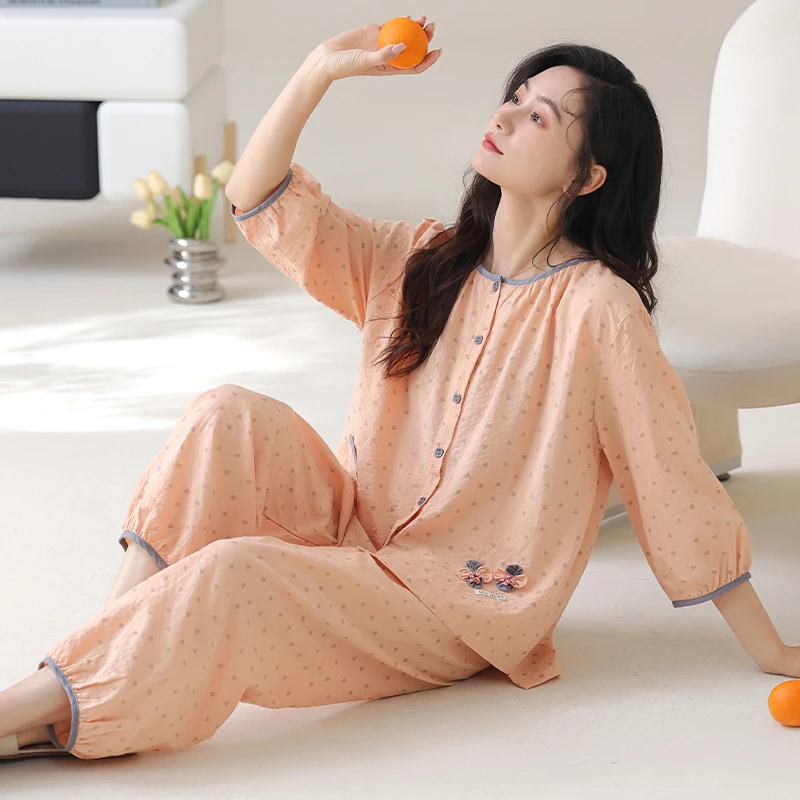 休闲慵懒风宽松大码圆领开衫中袖睡衣女夏季薄款家居服套装可外穿