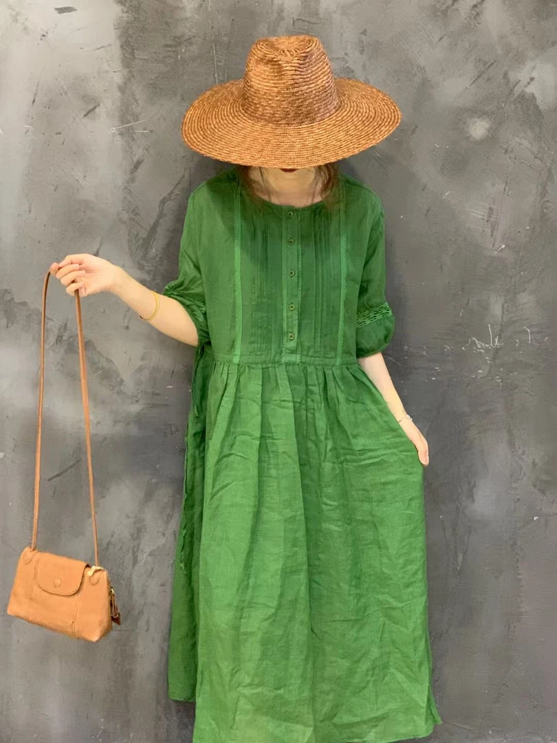 夏季新款细苎麻灯笼袖高级感文艺复古纯色蕾丝镂空连衣裙