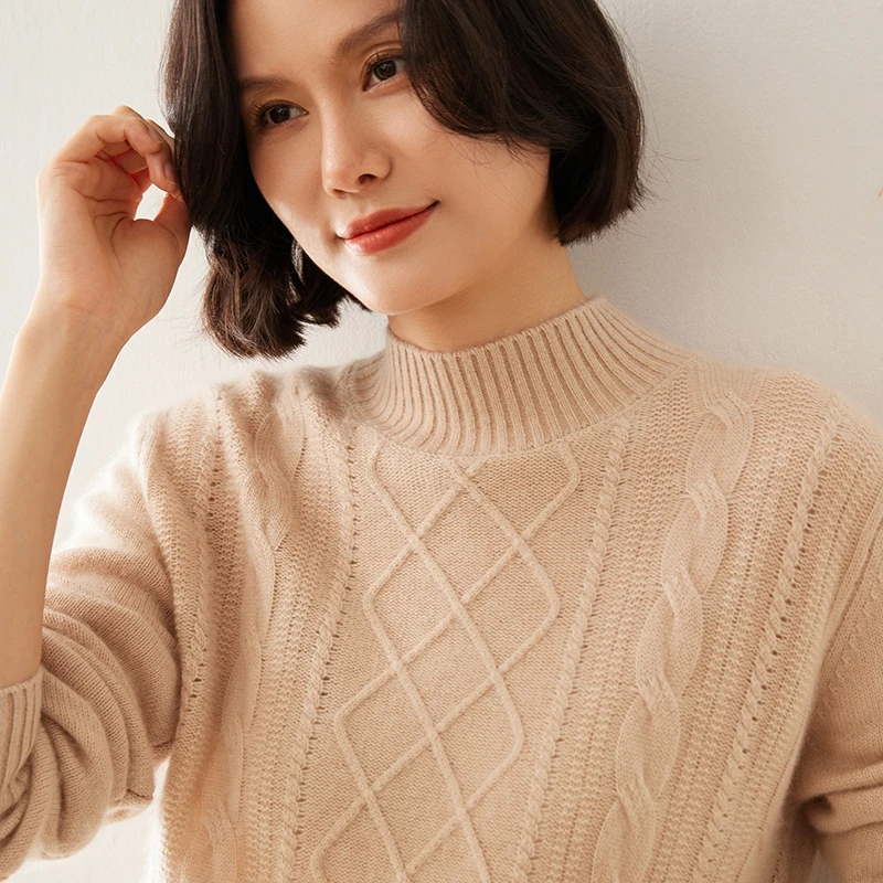 加厚半高领前片绞花女士羊绒衫 AYR-820