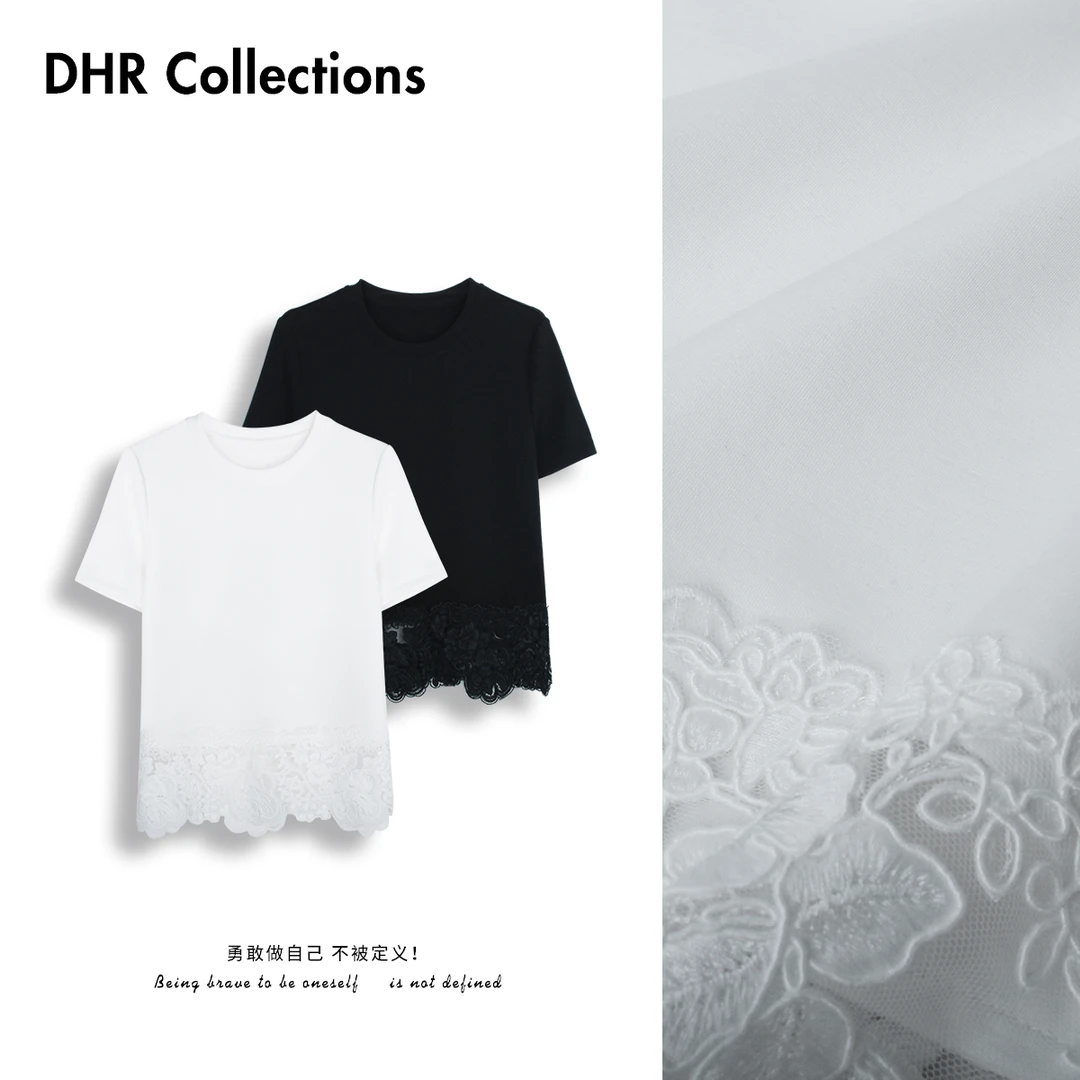 DHR COLLECTTIONS豆豆69 春季蕾丝下摆短袖T女上衣女-D976