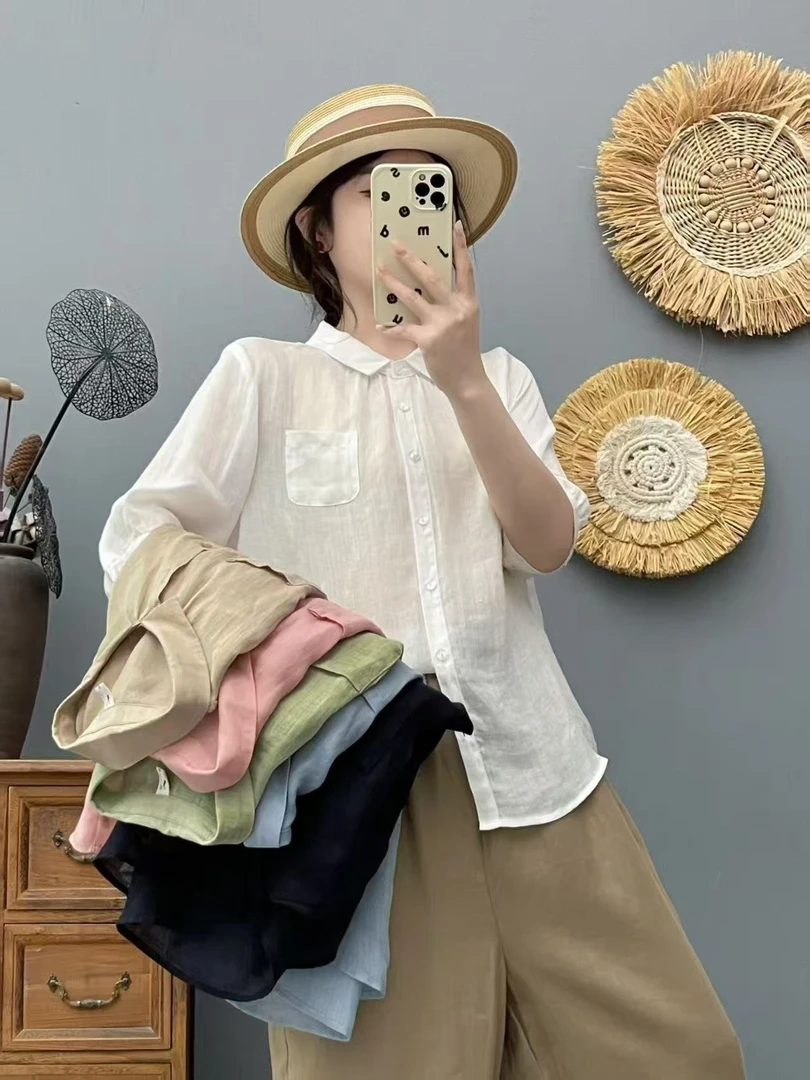901夏季新款纯色苎麻纽扣休闲风上衣衬衫简约百搭高档女装短袖