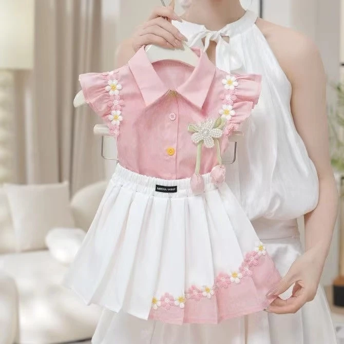 2025夏季爆款套装高级感女童学院风飞袖衬衣渐变百褶裙套装两件套