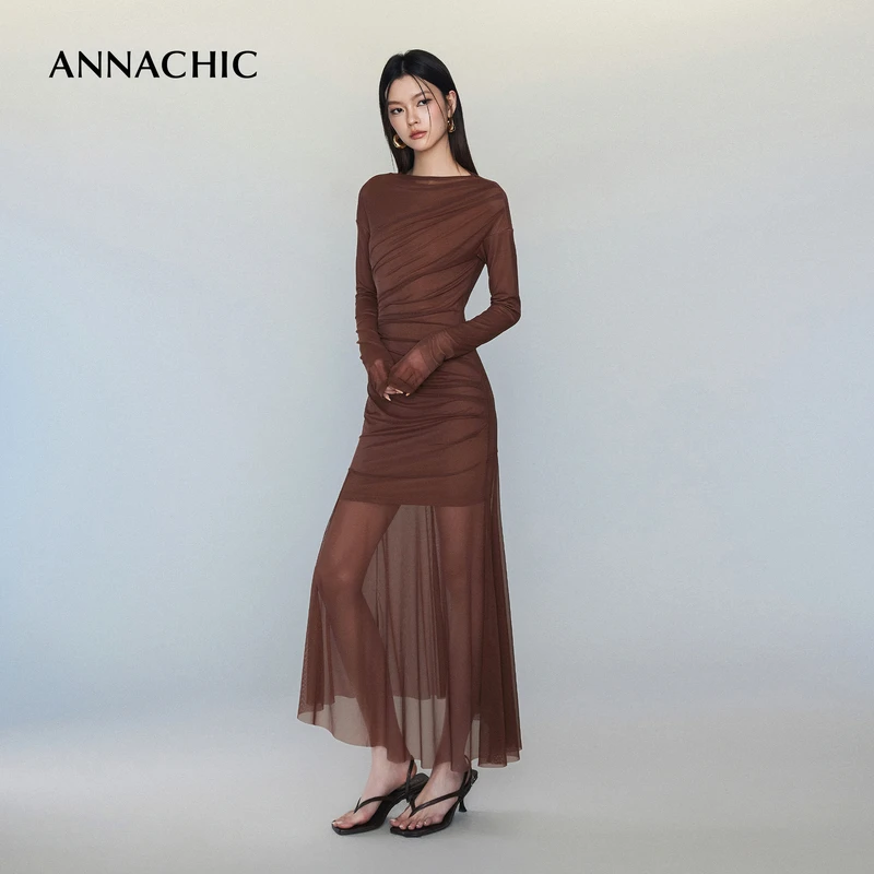 ANNACHI美式复古咖啡色连衣裙女春季新款假两件拼接网纱性感长裙